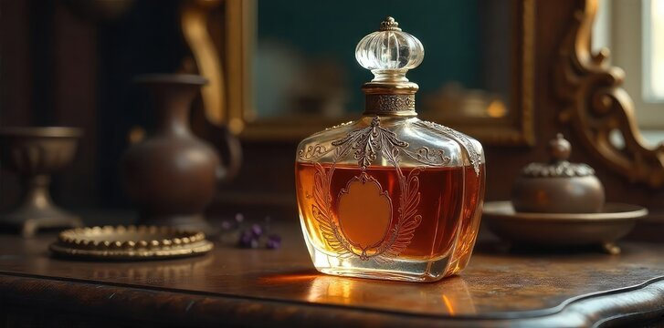 A vintage perfume bottle, ornately designed, sits on an antique vanity table, surrounded by antique accessories  Elegant, nostalgic, and full of old-world charm ,  vanity,  spray