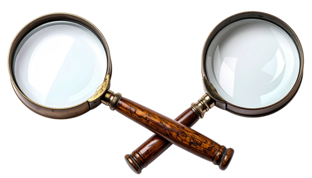 Two crossed vintage magnifying glasses with wooden handles