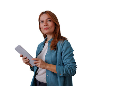 Redhead woman holding tablet looking up, smiling reflecting on ideas for future innovation on transparent background