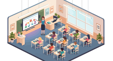 Isometric Illustration of a Modern Classroom with Students and Teacher During Lesson