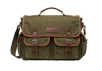 Isolated canvas messenger bag, olive green color, brown leather trim details, classic style