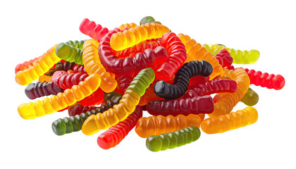 Pile of colorful, sugary gummy worms on black background