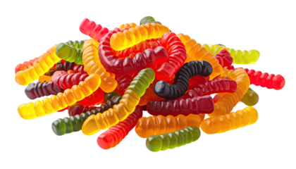 Pile of colorful, sugary gummy worms on black background