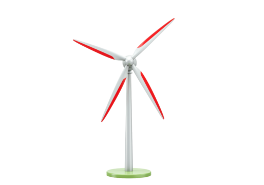 Isolated wind turbine with spinning blades in minimalist design; green, red, grey colors