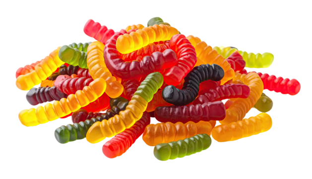 Pile of colorful, sugary gummy worms on black background