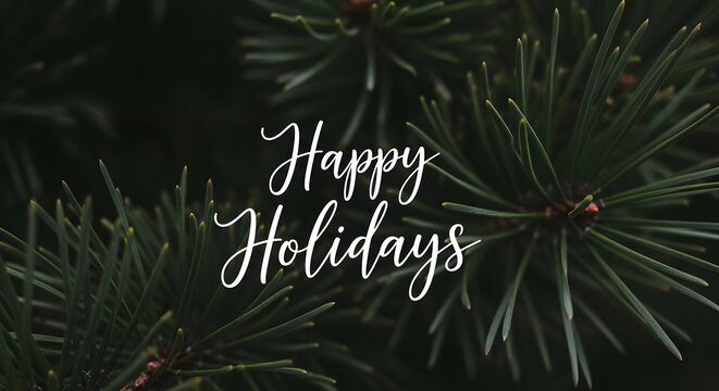Festive happy holidays greeting text overlayed on a dark green pine tree branches background