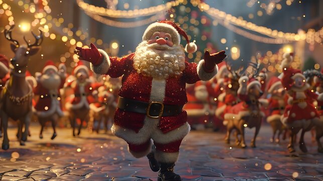 Festive parade with santa claus and reindeer in a christmas themed environment