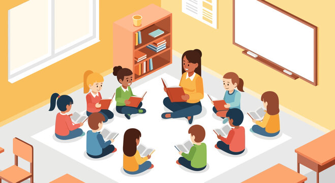 Diverse group of young students engaged in a captivating reading session with their teacher, fostering early literacy and a love for learning in a bright classroom - Powered by Adobe