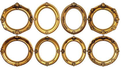 Eight ornately carved golden frames against a black background