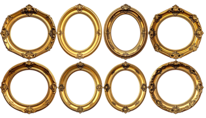 Eight ornately carved golden frames against a black background