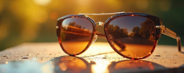 Close-up of stylish sunglasses reflecting sunlight, highlighting their sleek curves and luxurious texture The image evokes a feeling of summer warmth and sophisticated style , shiny, modern