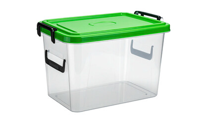 Clear plastic storage container with bright green lid, black handles