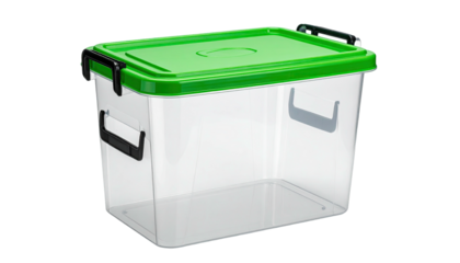 Clear plastic storage container with bright green lid, black handles