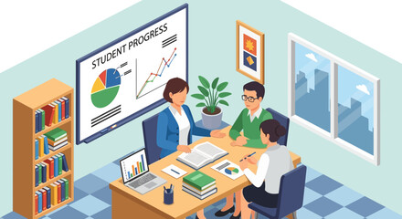 Education professionals review student progress data on a digital screen in a modern office. Collaborative strategic planning for improved learning outcomes