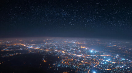 A mesmerizing view of a cityscape illuminated by countless lights under a starry night sky