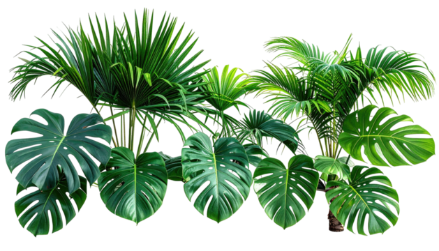 Lush tropical plants feature large green leaves on a black backdrop