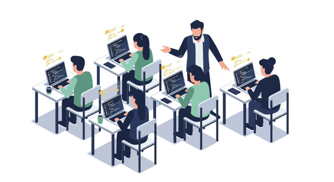 Diverse team engaged in a technology learning workshop, developing coding and digital skills under expert guidance in a modern, collaborative educational environment