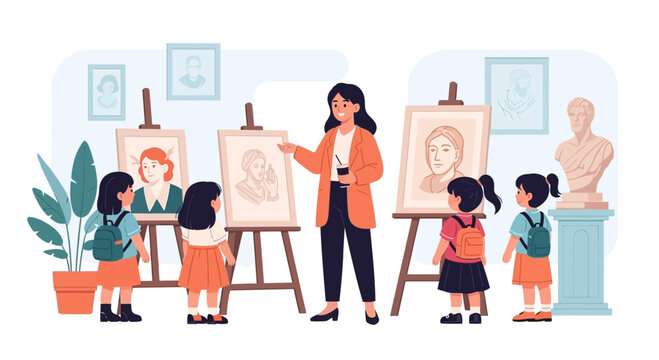 Young students learn art from a teacher in a bright studio, exploring painting and fostering creativity during an interactive education class, sparking artistic interest