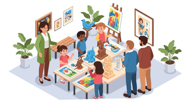 Children's creative art workshop with a teacher, where kids learn painting and sculpting with clay in a fun classroom setting - Powered by Adobe