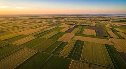 Aerial View of Vast Agricultural Fields at Sunset.