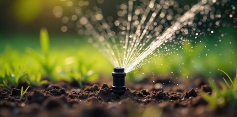 Close-up view of a sprinkler head gently watering dry soil, revitalizing the thirsty earth The water droplets create a refreshing mist above the parched ground , rural, moisture, water