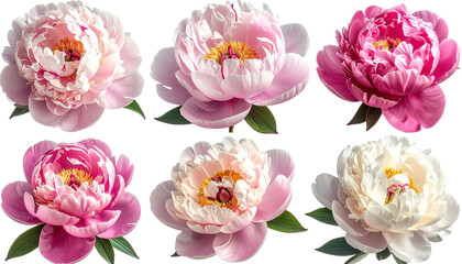 Six blooming peony flowers, pink & white color variations