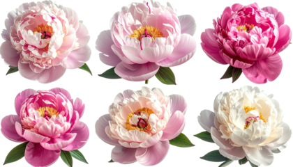 Six blooming peony flowers, pink & white color variations