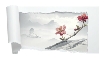 Ripped paper reveals mountain scene with flowering branch art