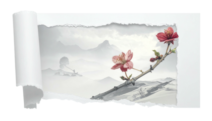 Ripped paper reveals mountain scene with flowering branch art