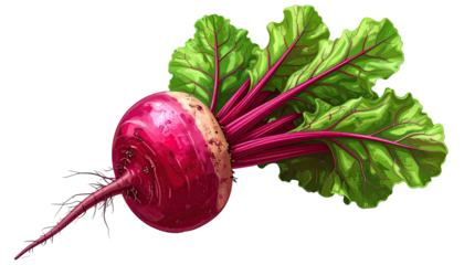 Vivid beet with leafy greens, textured skin, and trailing roots