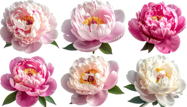 Six blooming peony flowers, pink & white color variations
