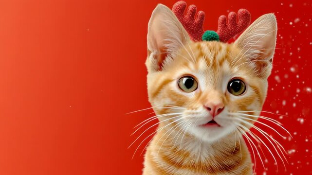 Playful orange tabby cat wearing festive reindeer antlers, gazes curiously at the camera, with a vibrant red background and falling snowflakes, capturing a joyful holiday spirit, camera zooms in
