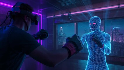 Strapping VR headset and gloves, man throwing jabs at wireframe opponent in neon studio, copy space - Powered by Adobe
