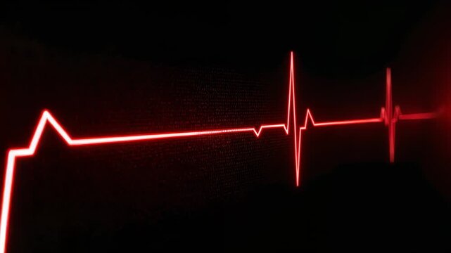 Display powering on launching red ECG trace scrolling across monitor face, repeating cardiac cycle