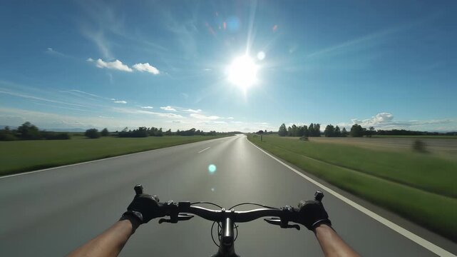 Gripping handlebars with mounted camera, cyclist pedaling along rural road toward roadside sign