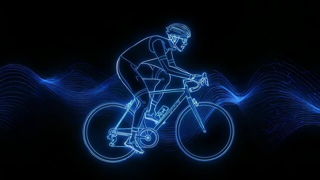 Appearing on black void neon-blue cyclist pedaling road bike tucking, with pulsing waveforms