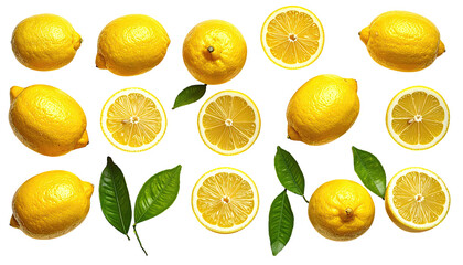 Sliced/whole lemons, green leaves arranged on a black background