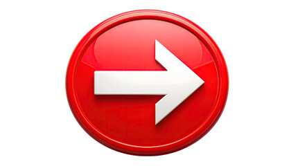 Shiny red button with forward-pointing white arrow, dark background