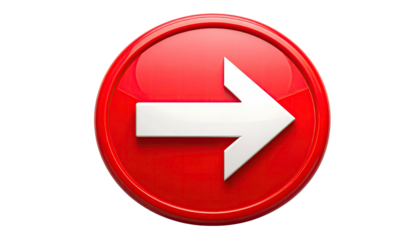 Shiny red button with forward-pointing white arrow, dark background