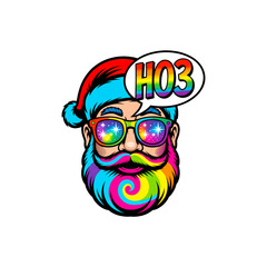 Colorful santa claus head with rainbow beard and sunglasses on transparent background