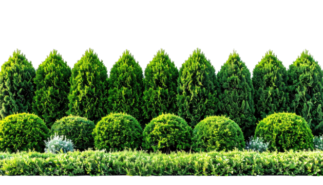 Neat, trimmed hedges and trees form a crisp green border