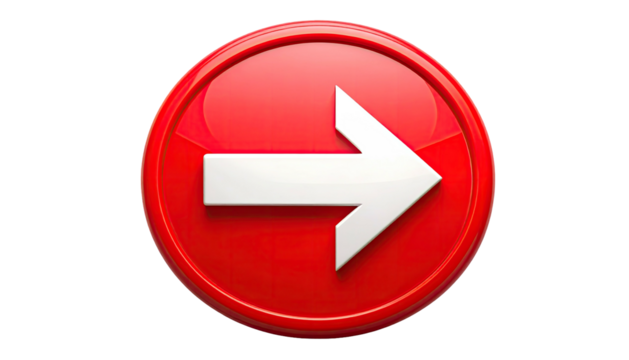 Shiny red button with forward-pointing white arrow, dark background