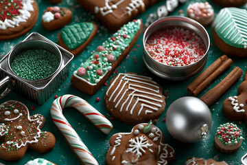 Fototapeta premium Green Christmas baking background with ginger cookies, sprinkles, candy canes, cinnamon sticks, cookie cutters and silver bauble. Xmas colors, flat lay.