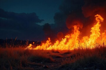 Fiery blaze engulfing dry grass, creating dramatic swirling patterns of orange and yellow flames against a dark night sky Perfect for backgrounds needing intense heat and energy , energy, dark