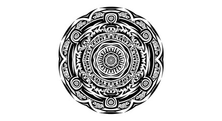 Monochromatic circular intricate design featuring tribal patterns and circular swirls creating depth
