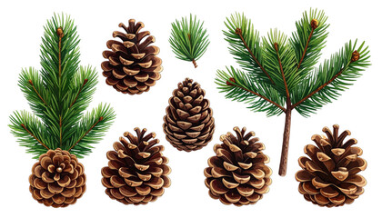 Pine cones and branches, green foliage on a black background