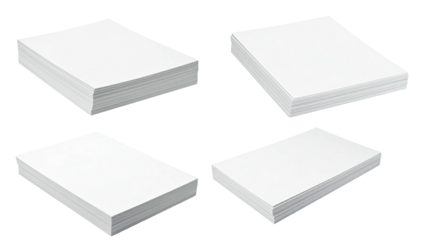 Four small stacks of plain white paper, slightly different angles