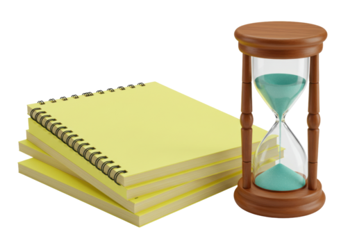 Isolated Spiral notebooks and an hourglass timer signify planning time management ideas