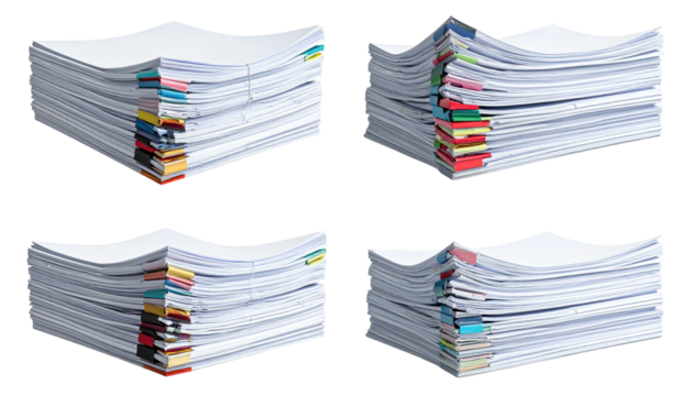 Piles of paperwork, clipped and neatly stacked