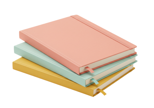 Isolated stack of notebooks in various colors including pink, blue and yellow colors